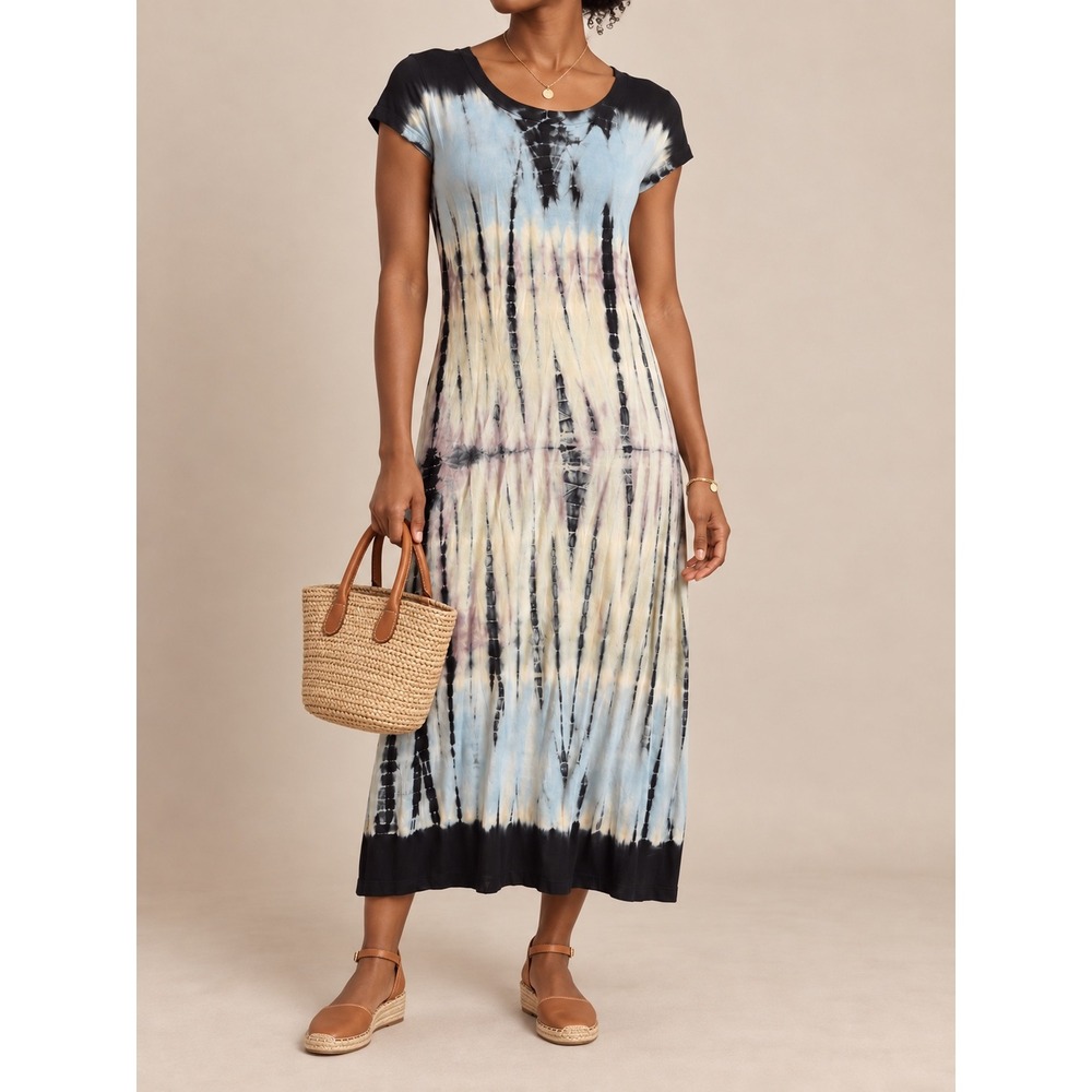 241 Earthbound Tie Dye Maxi Dress Boho Viscose Short Sleeve Festival Blue Black